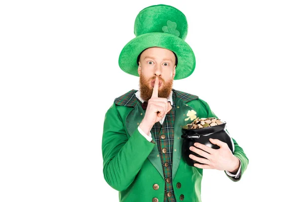 Leprechaun with pot of gold showing silence symbol, isolated on white — Stock Photo