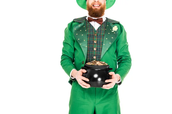 Cropped view of leprechaun in green suit holding pot of gold, isolated on white — Stock Photo