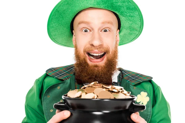 Excited leprechaun holding pot of gold, isolated on white — Stock Photo