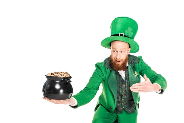 Leprechaun in green suit presenting pot of gold, isolated on white — Stock Photo