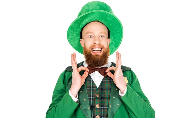 Excited man in green leprechaun costume and bow tie, isolated on white — Stock Photo