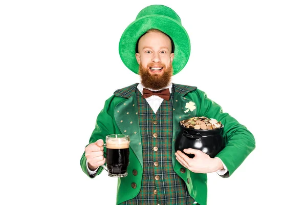Handsome leprechaun with pot of gold and dark beer, isolated on white — Stock Photo