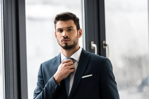 Guapo joven empresario ajustando la corbata y mirando a la cámara - foto de stock