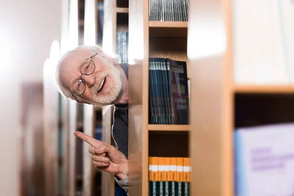 Feliz bibliotecário cabelo cinza olhando para fora da prateleira e mostrando gesto ideia — Fotografia de Stock