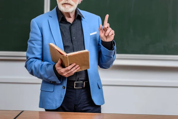 Abgeschnittenes Bild eines Vortragenden, der ein Buch hält und einen Finger nach oben zeigt — Stockfoto