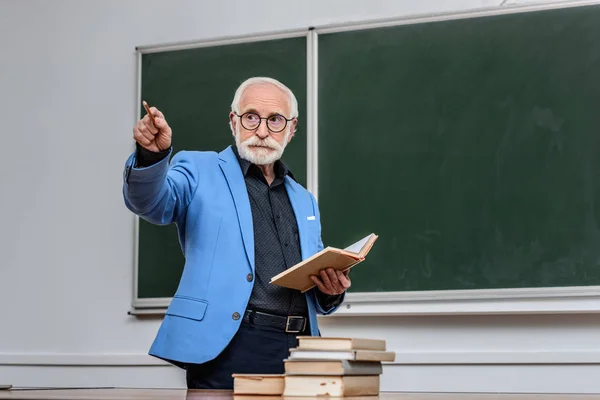 Profesor senior sosteniendo libro y señalando algo - foto de stock