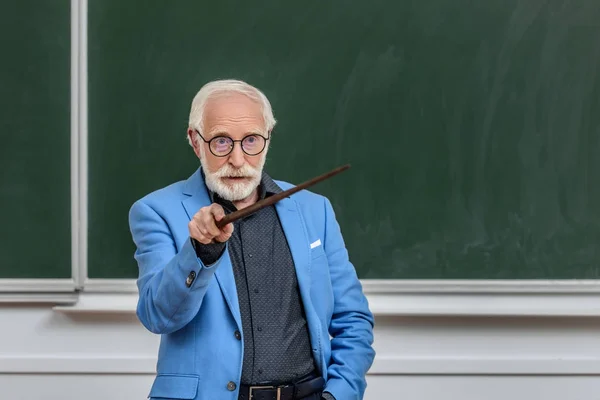 Professeur de cheveux gris pointant sur quelque chose à la salle de conférence — Photo de stock