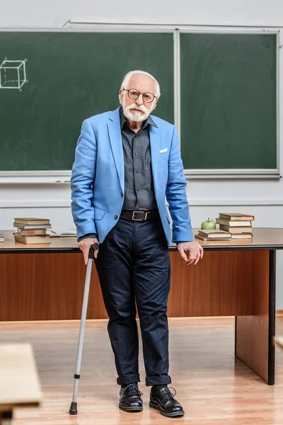 Grey hair professor leaning on table and walking stick — Stock Photo