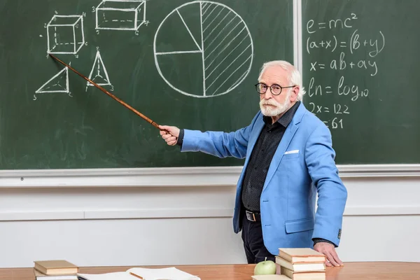 Grey hair professor pointing on something with wooden pointer — Stock Photo