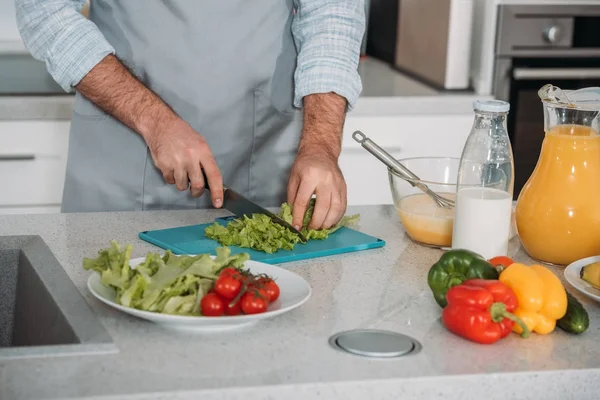 Abgeschnittenes Bild des Menschen beim Gemüseschneiden — Stockfoto