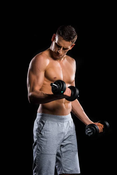 Muscular shirtless sportsman training with dumbbells isolated on black — Stock Photo