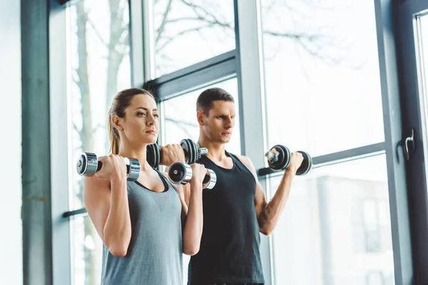 Concentré jeune homme et femme exercice avec haltères dans la salle de gym — Photo de stock