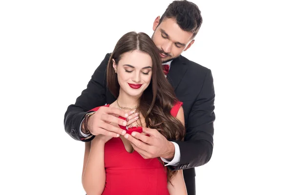 Boyfriend proposing girlfriend isolated on white — Stock Photo