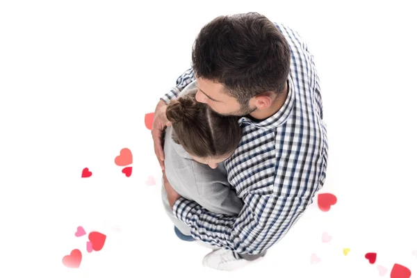 Overhead view of couple hugging isolated on white, valentines day concept — Stock Photo