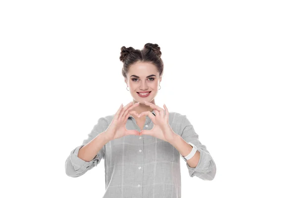 Mädchen zeigt Herz mit Fingern auf weißem Valentinstag-Konzept — Stockfoto