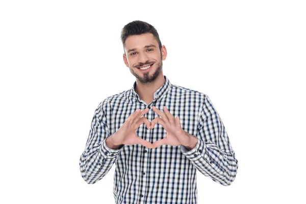 Homme montrant coeur avec les doigts isolés sur blanc, concept de Saint-Valentin — Photo de stock