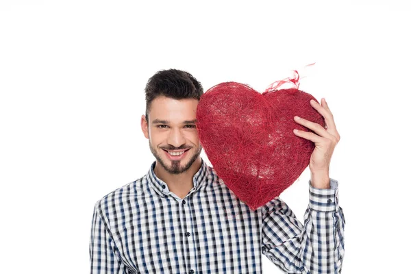 Uomo che tiene il cuore dei fili isolati sul bianco, concetto di giorno di San Valentino — Foto stock