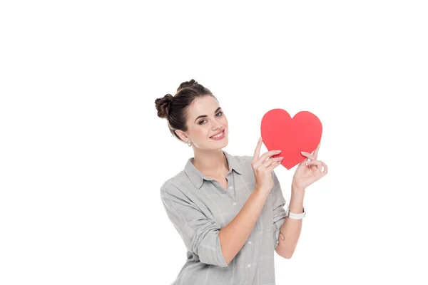 Smiling girl holding red paper heart isolated on white, valentines day concept — Stock Photo