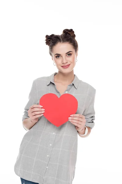 Smiling girl holding red paper heart isolated on white, valentines day concept — Stock Photo