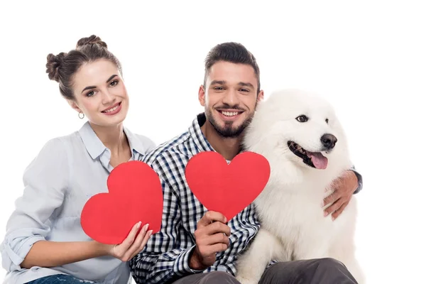 Couple heureux avec samoyed coeurs de chien et de papier isolé sur blanc, concept de Saint-Valentin — Photo de stock