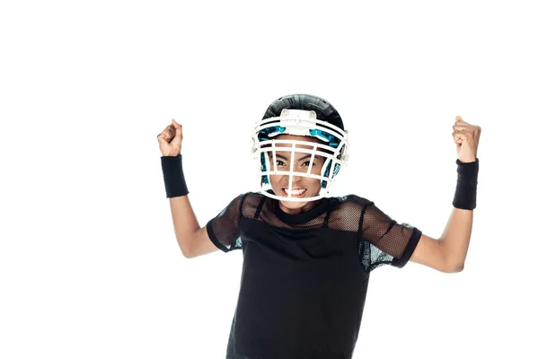 Agressive female american football player isolated on white — Stock Photo