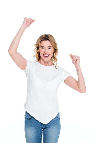 Portrait of excited woman in white shirt isolated on white — Stock Photo