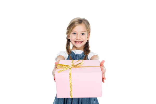 Adorable kid with pink gift box, isolated on white — Stock Photo