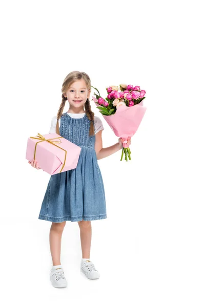 Adorable child with present and bouquet of flowers, isolated on white — Stock Photo