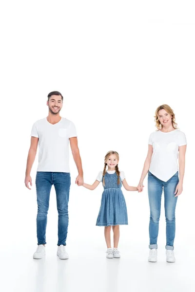 Família feliz de mãos dadas, isolado no branco — Fotografia de Stock