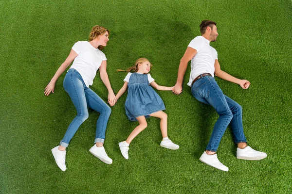Над головой вид улыбающейся семьи, держащейся за руки на зеленой траве — стоковое фото
