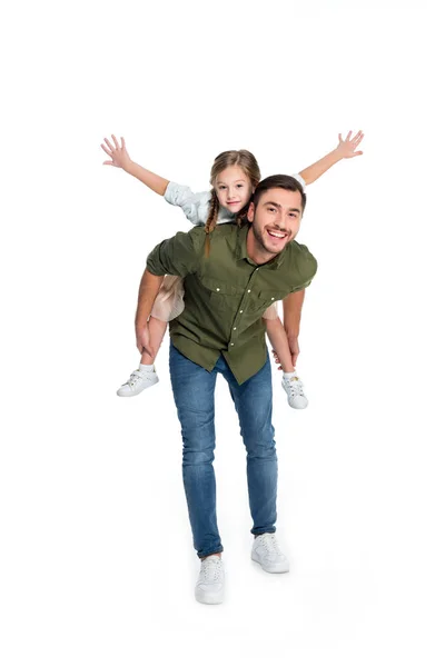 Happy father and daughter piggybacking together isolated on white — Stock Photo
