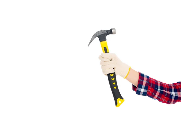 Cropped view of girl in glove holding hammer, isolated on white — Stock Photo