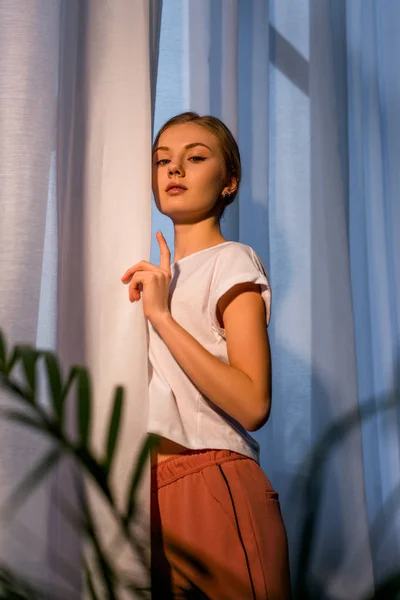 Jeune femme sensuelle debout à côté de la fenêtre — Photo de stock