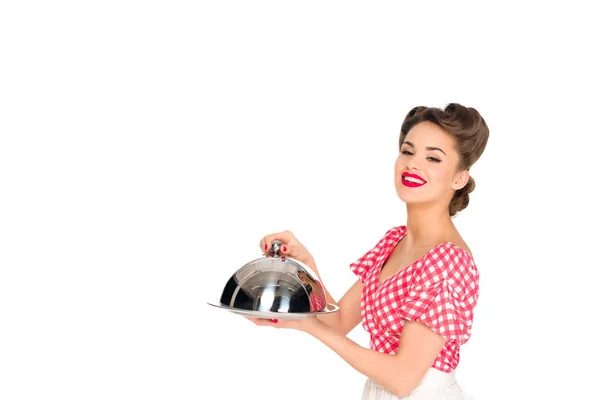 Beautiful smiling woman in retro clothing with serving tray in hands isolated on white — Stock Photo