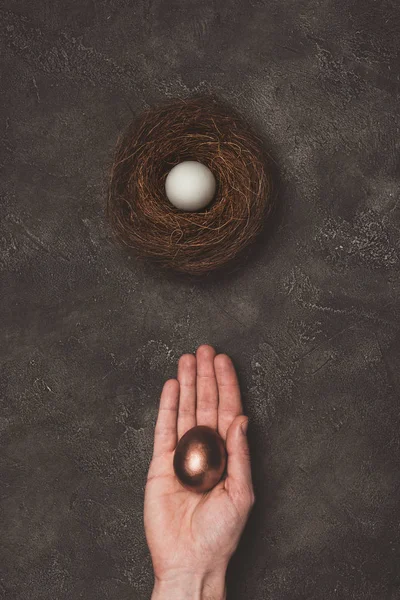 Cropped view of man holding golden egg in hand, white egg in nest near — Stock Photo