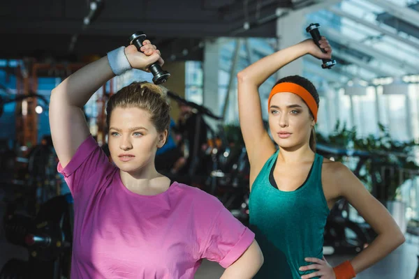 Mujeres deportivas y con sobrepeso entrenando con pesas en el gimnasio - foto de stock