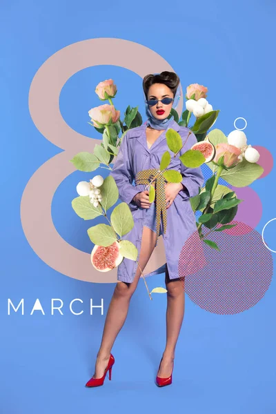 8th march greeting card with fashionable woman in retro clothing and sunglasses with flowers — Stock Photo