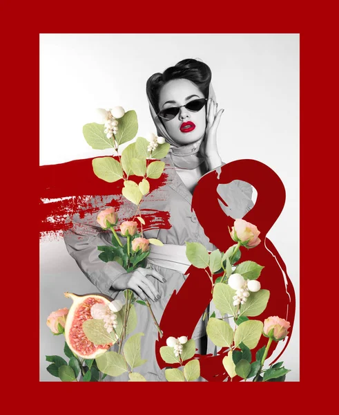 8 mars carte de vœux avec femme élégante dans des vêtements rétro et lunettes de soleil avec des fleurs — Photo de stock