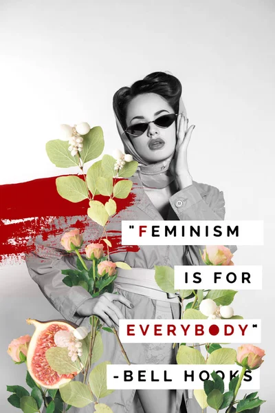 Collage creativo de mujer con estilo en ropa retro y gafas de sol con flores y feminismo es para todo el mundo cita — Stock Photo