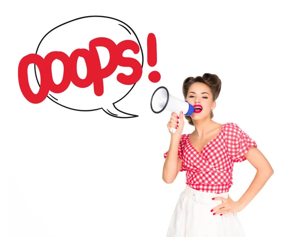 Portrait of fashionable young woman in pin up style clothing with oops speech bubble out of loudspeaker isolated on white — Stock Photo