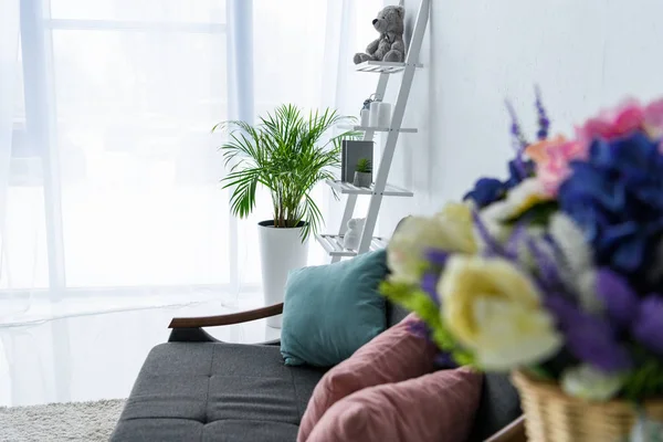 Enfoque selectivo de sofá con almohadas en la elegante sala de estar — Stock Photo
