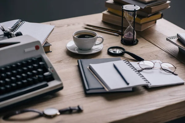 Close-up shot of writer workplace with supplies — Stock Photo