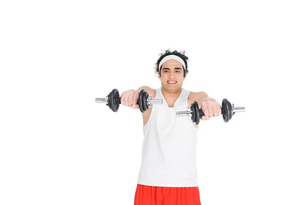 Skinny man in sportswear holding dumbbells isolated on white — Stock Photo