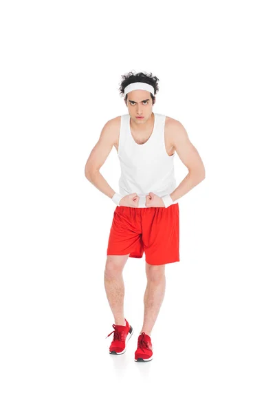 Sportivo sottile che mostra muscoli su mani isolate su bianco — Foto stock