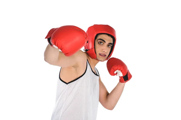 Jovem skinny boxer batendo à mão isolado no branco — Fotografia de Stock