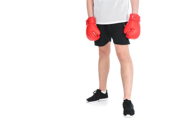 Cropped image of young sportsman in boxing gloves isolated on white — Stock Photo