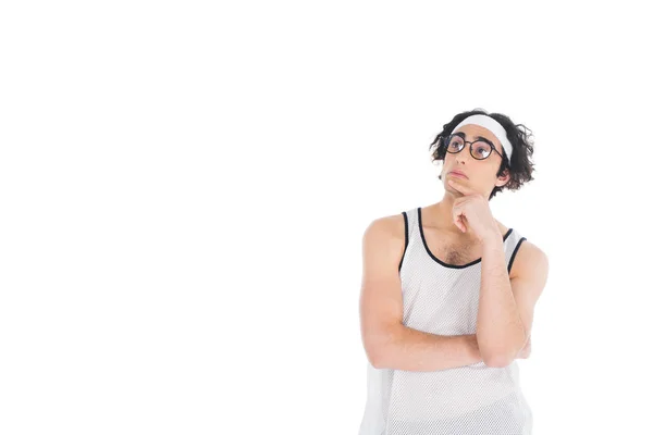 Young skinny sportsman in eyeglasses and headband isolated on white — Stock Photo