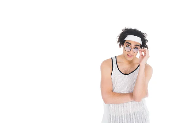 Skinny sportsman taking off eyeglasses isolated on white — Stock Photo