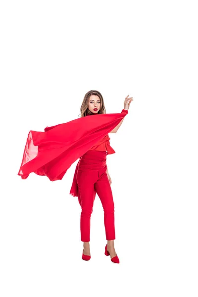 Femme élégante posant en vêtements rouges, isolée sur blanc — Photo de stock