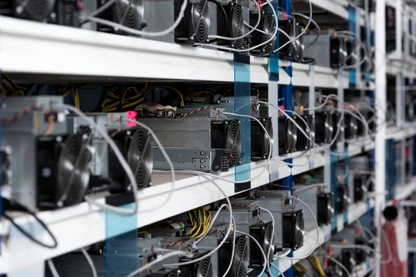 Close-up shot of power supply units at ethereum mining farm — Stock Photo